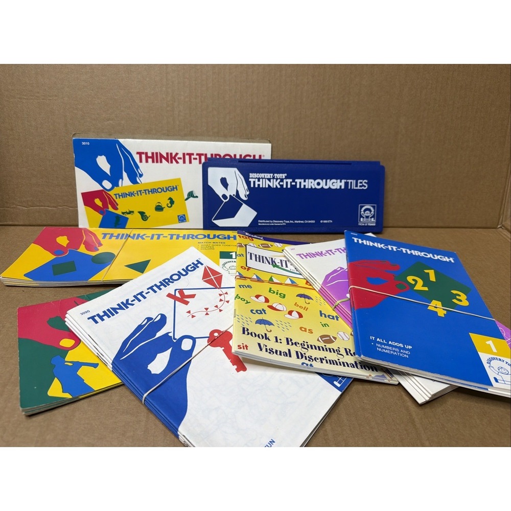 Vintage 1980s Discovery Toys Think It Through Tiles + 19 Books Learning Set